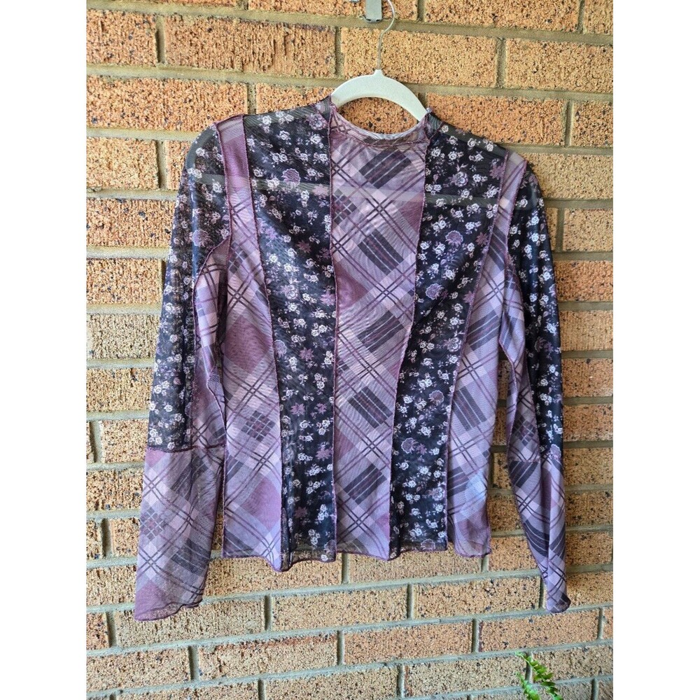 Y2K Whimsigoth Patchwork Mesh Top Floral Plaid Sheer Long Sleeve - L 🔮